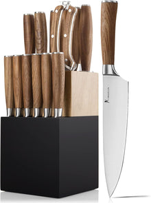  15 PCS Knife Block Set, Ultra Sharp High Carbon Stainless Steel with Wooden Handle