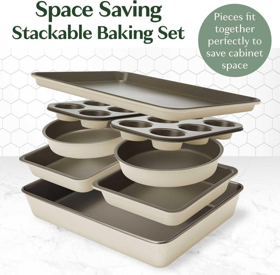 All-In-One Nonstick Bakeware Set, Stackable and Space Saving Design includes Round and Square Pans