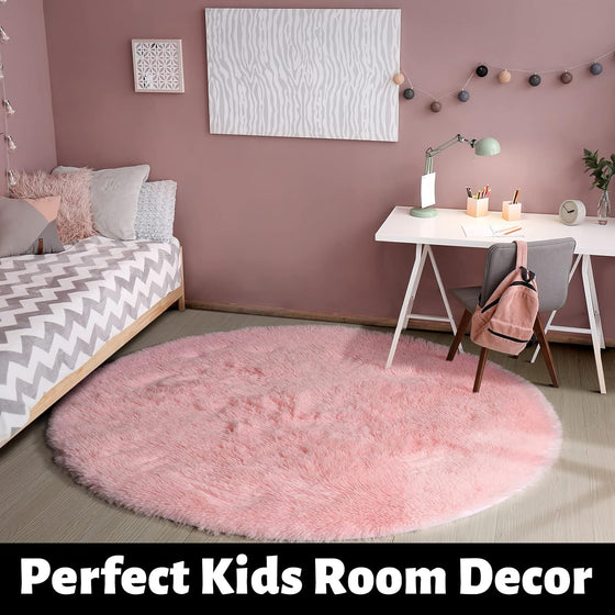 Pink Round Rug for Girls Bedroom,Fluffy Circle Rug 4'X4' for Kids Room