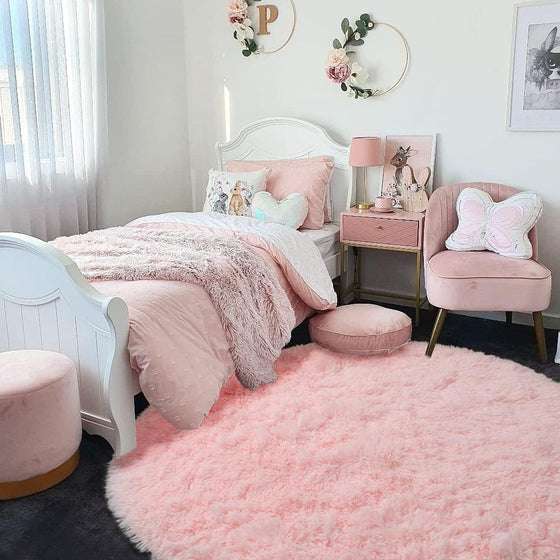 Pink Round Rug for Girls Bedroom,Fluffy Circle Rug 4'X4' for Kids Room