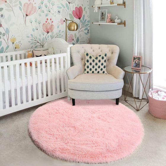 Pink Round Rug for Girls Bedroom,Fluffy Circle Rug 4'X4' for Kids Room