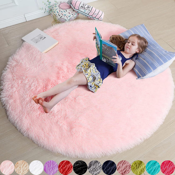 Pink Round Rug for Girls Bedroom,Fluffy Circle Rug 4'X4' for Kids Room