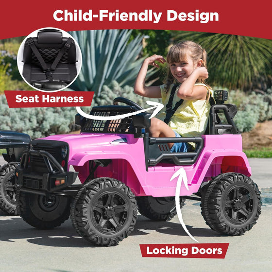 12V Kids Ride On Truck Car w/Parent Remote Control, Spring Suspension, LED Lights, AUX Port - Pink