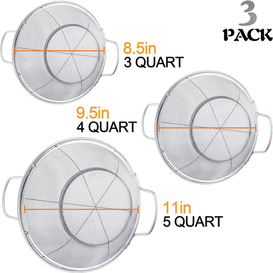 3 Pack 18/8 Stainless Steel Colander Sieves(5-Quart, 4-Quart and 3-Quart), Mesh Strainer Net Baskets with Handles